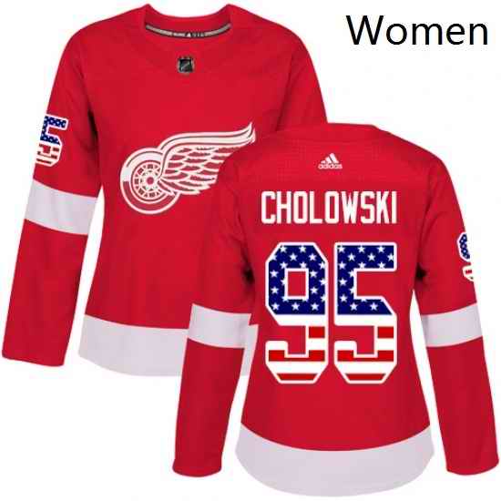 Womens Adidas Detroit Red Wings 95 Dennis Cholowski Authentic Red USA Flag Fashion NHL Jersey